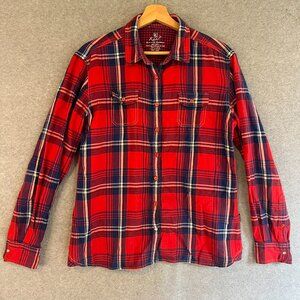 Kuhl Women L Flannel Button Down Red Blue Long Sleeve Pearl Accent 100% Cotton